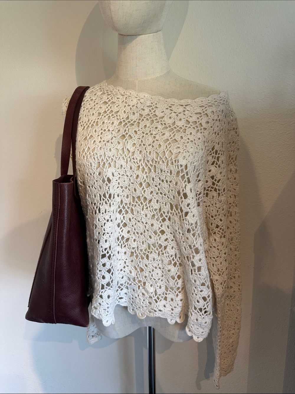 Y2K Crochet Openwork Cream Sweater